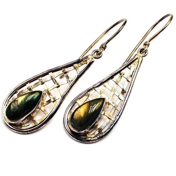 Sajen Large Labradorite Gemstone Sterling Silver 925 2 Inch Pierced Earrings - Picture 1 of 3